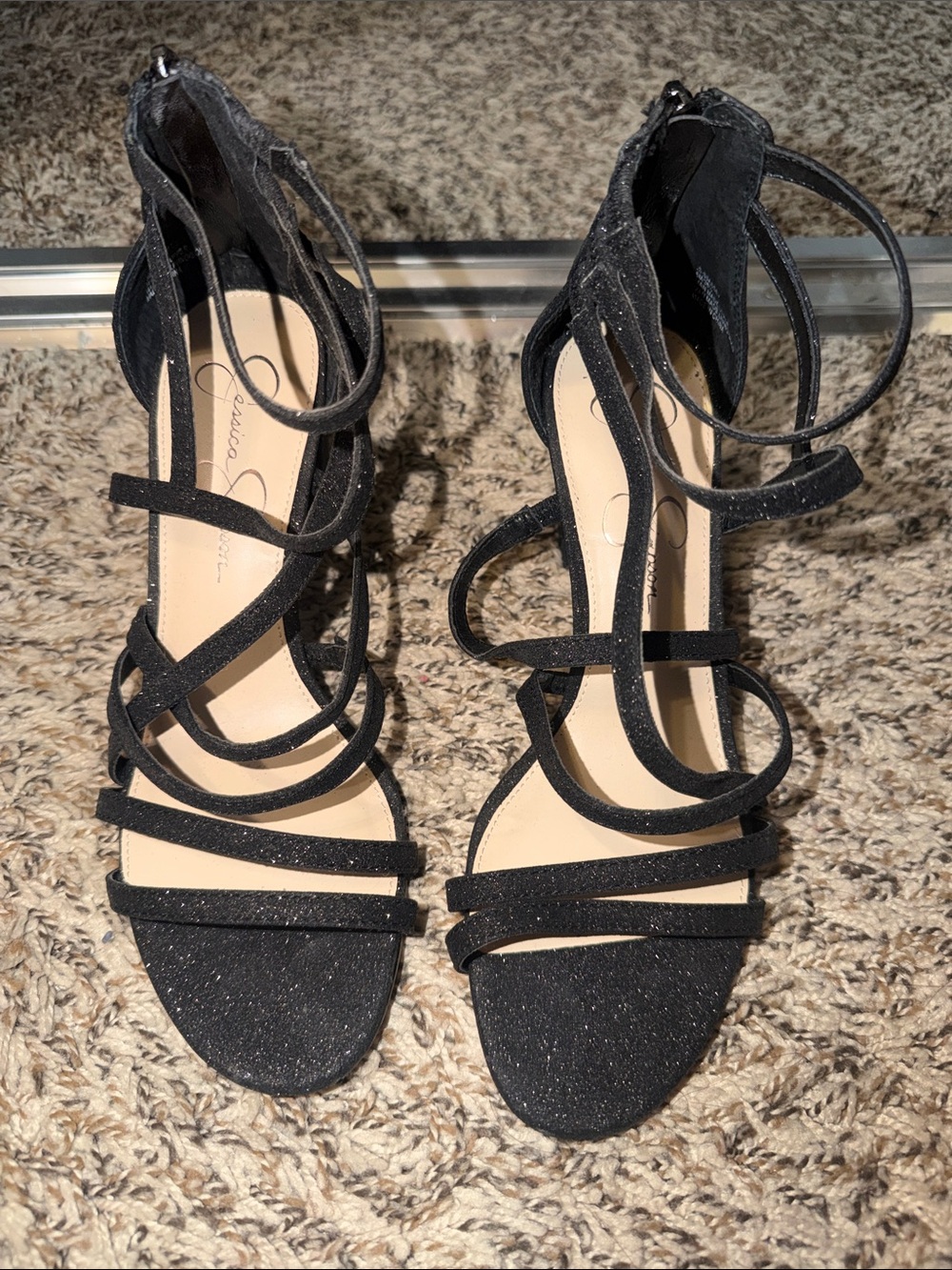 Jessica Simpson Black Glitter Strappy Ankle-Zip Heels